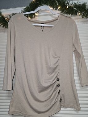 Allegra-K V-Neck Beige Ruched Button Women’s Top